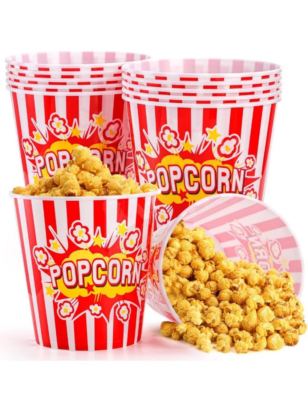 12 Large Reusable Popcorn Bowls - 95 Oz Red & White Striped for Movie Nights